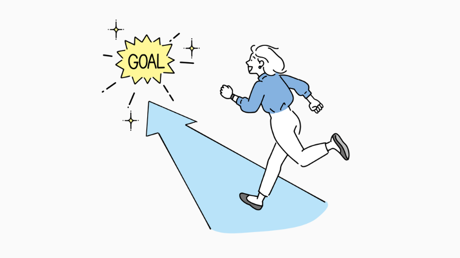 女性が上向きの矢印の上を走り、「GOAL」と書かれた目標に向かって進むイラスト。