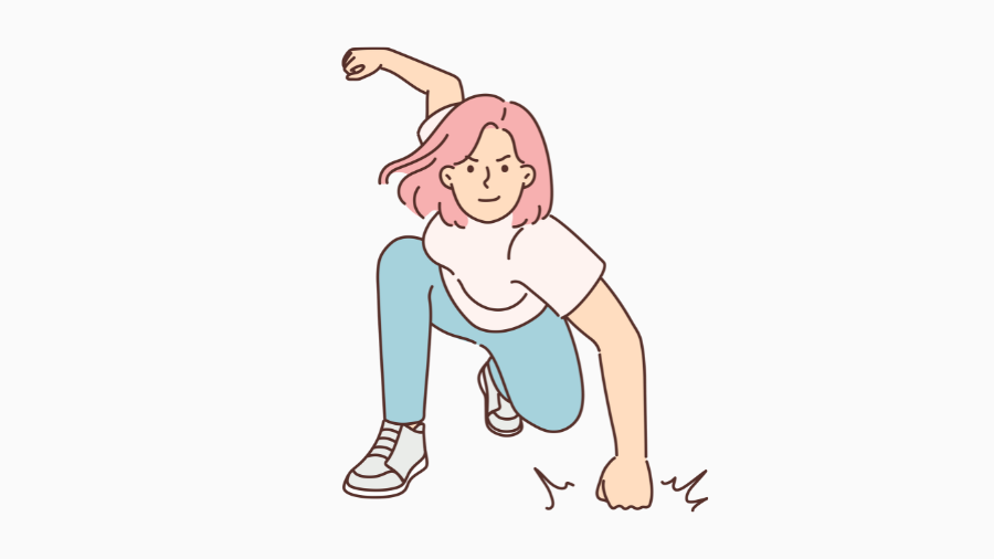 スタートラインで体を低く構え、力強く走り出そうとしている女性のイラスト。ブログを開始する決意と勢いを表しています。