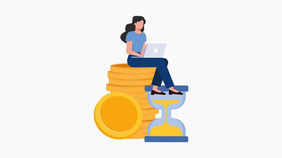 積まれた金貨と砂時計の上に座ってノートパソコンを使っている女性のイラスト。細切れの時間を活用してブログの資産(価値)を積み上げていく様子を表している。