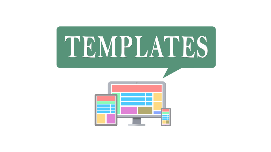 「TEMPLATES」と書かれた吹き出しの下に、PC、タブレット、スマートフォンが表示されているイラスト。ブログの記事作成をテンプレート化することで、作業時間を短縮し、効率を高めることを表している。