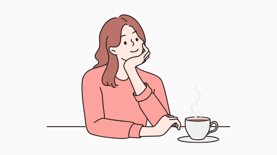 テーブルでコーヒーを飲みながら、ブログのテーマについて考え込んでいる女性のイラスト。