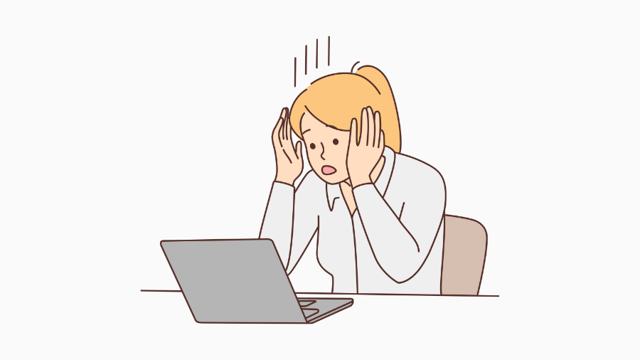 PCの前に座り、頭を抱えて困惑した表情の女性のイラスト。ママがブログのSEO対策に苦労し、ブログが読まれないことに悩んでいる様子を表している。「【実証5STEP】ママのブログが読まれる！検索上位を狙うSEO超入門」の記事冒頭で使用。