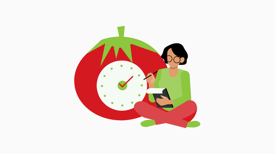 大きなトマト型の時計の横で、メモを取りながら座っている女性のイラスト。効率的な時間管理とブログ執筆のテクニックを象徴している。