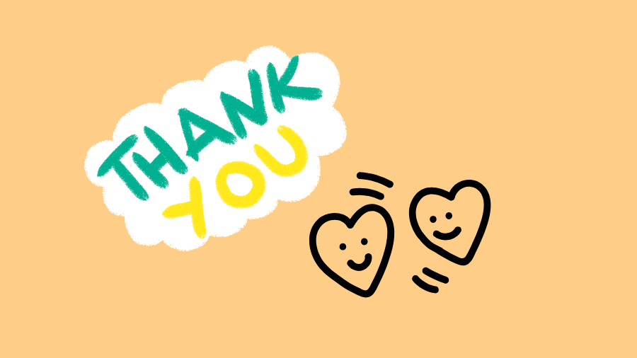 ありがとうの文字と二つのハートが描かれたイラスト。