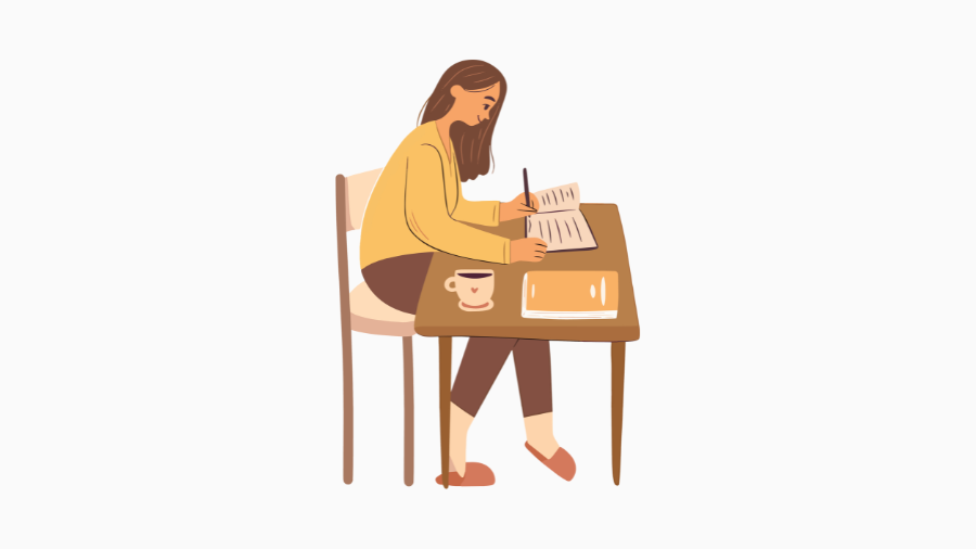 机に向かってノートにペンで何かを書いている女性のイラスト。週末にまとまった時間を使って、ブログ記事をストックするために集中して執筆している様子を表している。