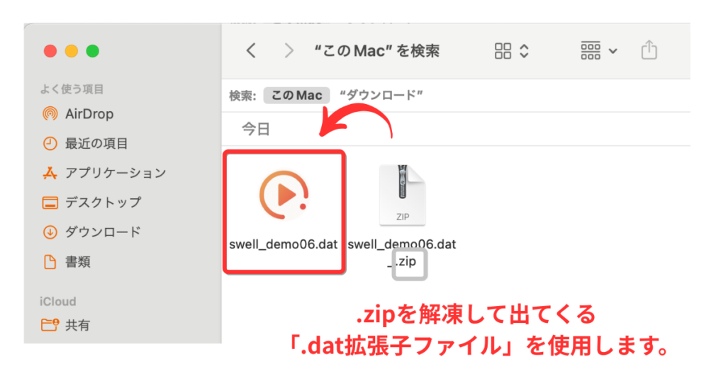 MacのFinder画面で、ダウンロードしたSWELLデモデータのファイルを選択する方法を示している。.zipファイルを解凍して出てくる.dat拡張子のファイル(swell_demo06.dat)が赤い枠で囲まれ、矢印で指し示されている。