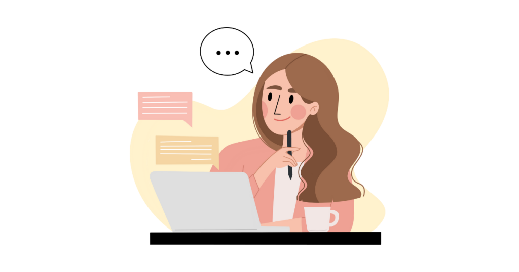 ノートパソコンでブログ記事を書く女性のイラスト