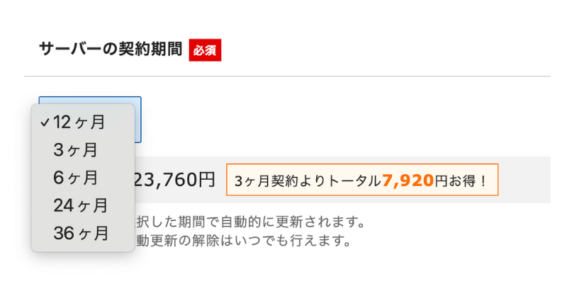 エックスサーバー契約期間の選択画面|12か月・24か月・36か月のプルダウン表示