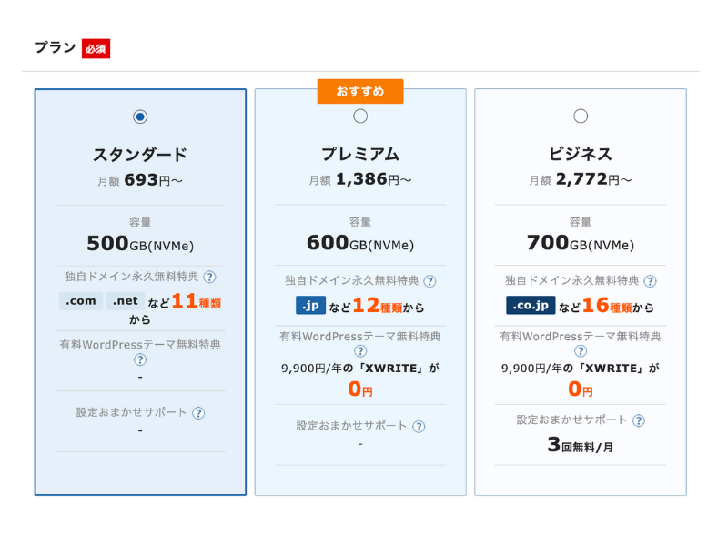 エックスサーバーの料金プラン比較画面(スタンダード・プレミアム・ビジネス)