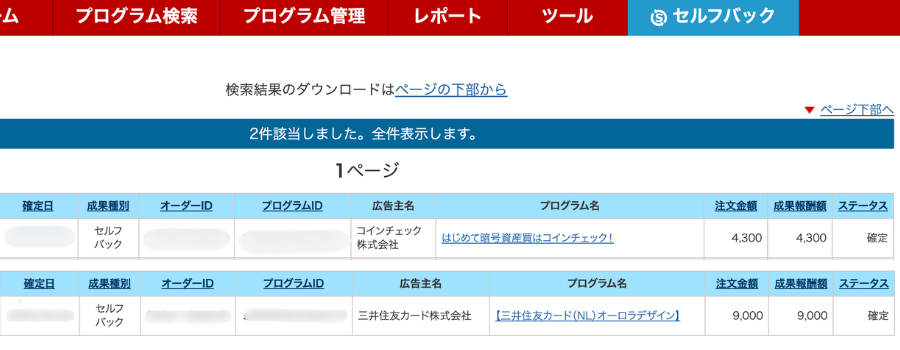 A8.netセルフバックで確定した成果報酬13,300円の画面